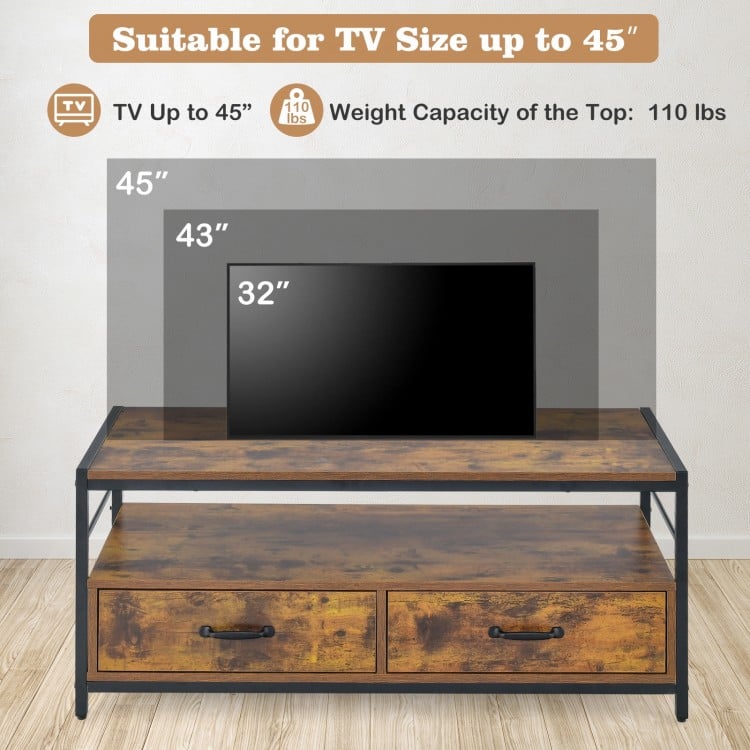 Rustic brown coffee table with 2 drawers and open shelf, suitable for TVs up to 45 inches, offering ample storage space.