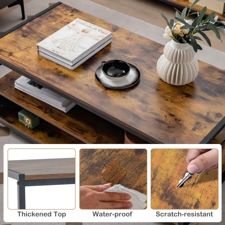 Rustic brown coffee table with 2 drawers and open shelf, featuring a scratch-resistant surface for versatile living.
