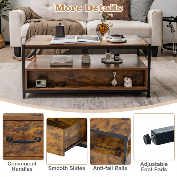 Rustic brown coffee table with 2 pull-out drawers and open shelf, featuring a sturdy metal frame for living room use.