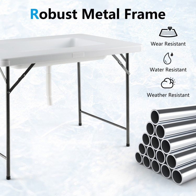 4 feet folding ice bin table with a white waterproof HDPE top and robust metal frame, perfect for camping or weddings.