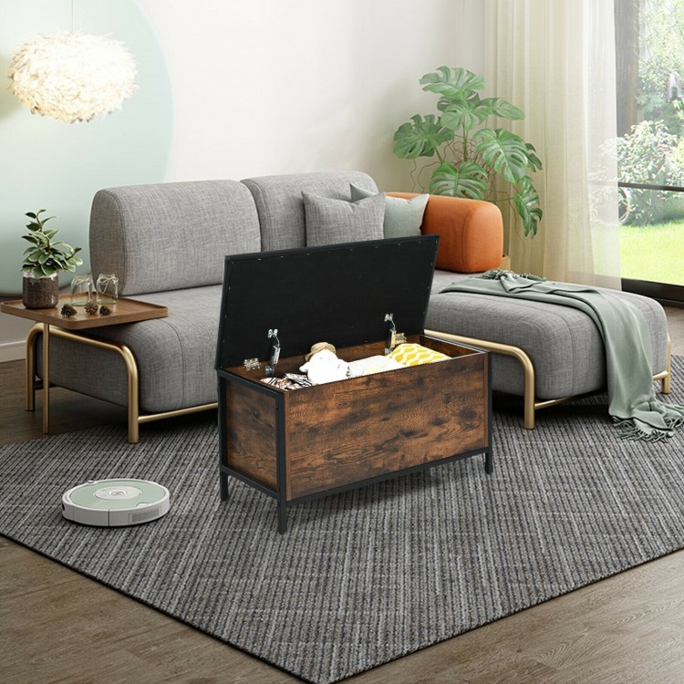 Flip top ottoman stool with padded seat, durable wood and steel frame, providing storage space for sundries in living.