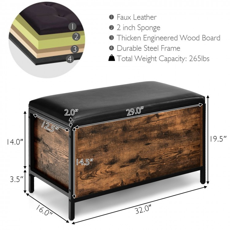Entryway flip top ottoman stool with padded seat, durable wood and steel frame, and ample storage space for sundries.