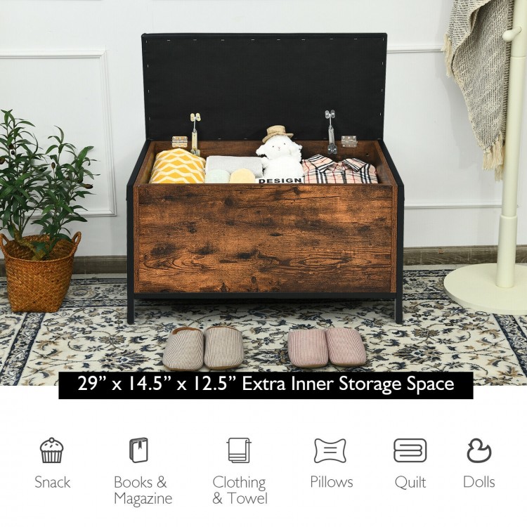 Entryway flip top ottoman stool with padded seat, durable wood and steel frame, offers extra storage space for sundries.