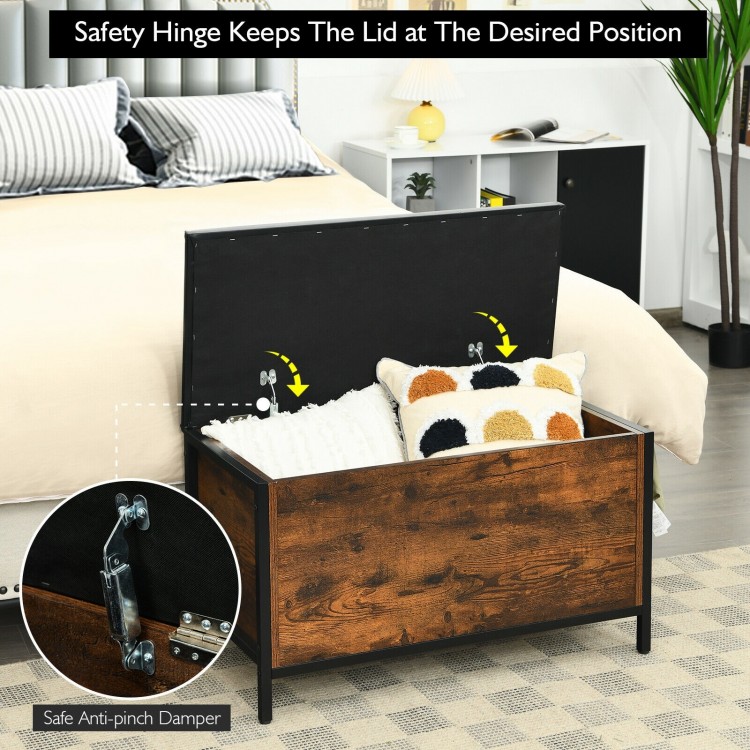 Entryway flip top ottoman stool with padded seat, durable wood and steel frame, ideal for storage and shoe changing.