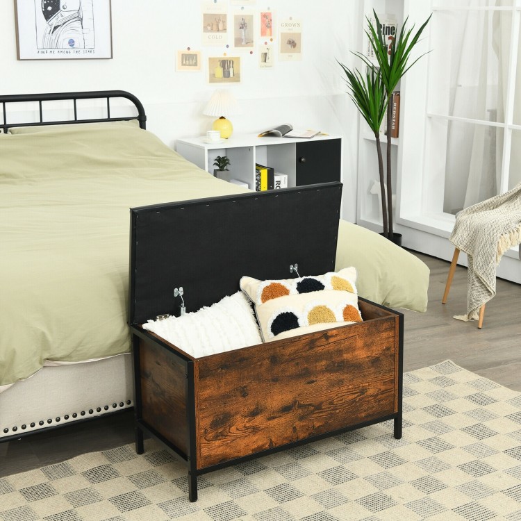Flip top ottoman stool in wood and steel with padded seat, offering storage space and gentle closing hinges for.