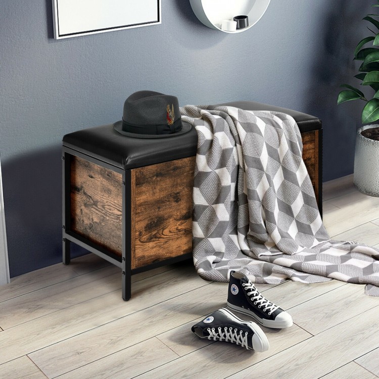 Entryway flip top ottoman stool with padded seat, wood and steel frame, offering storage and comfort for shoe changing.