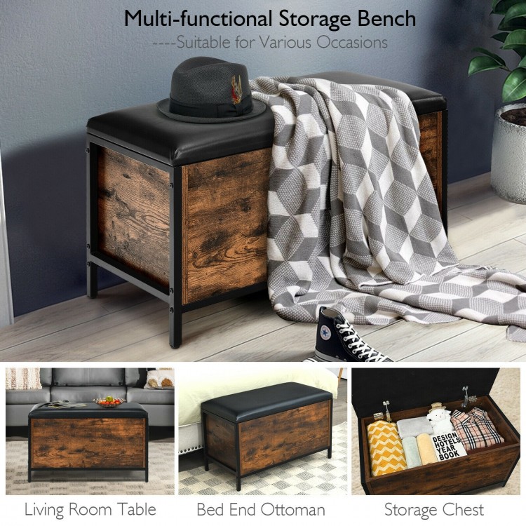 Multi-functional storage bench with padded seat, durable wood and steel frame, perfect for stylish entryway.