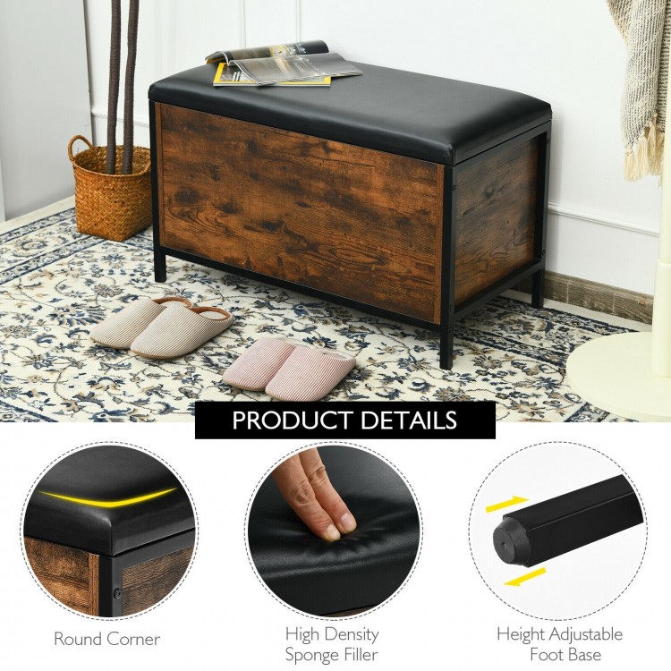 Entryway flip top ottoman stool with padded seat, durable wood and steel frame, providing storage and comfort.