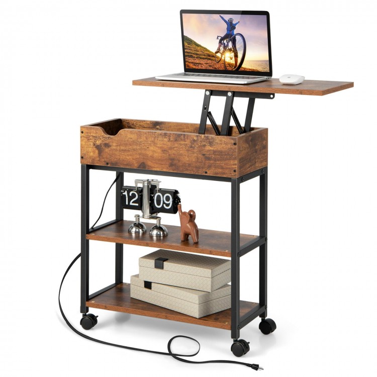 Lift top end table in rustic brown with charging station, open shelves, and universal wheels for versatile use.