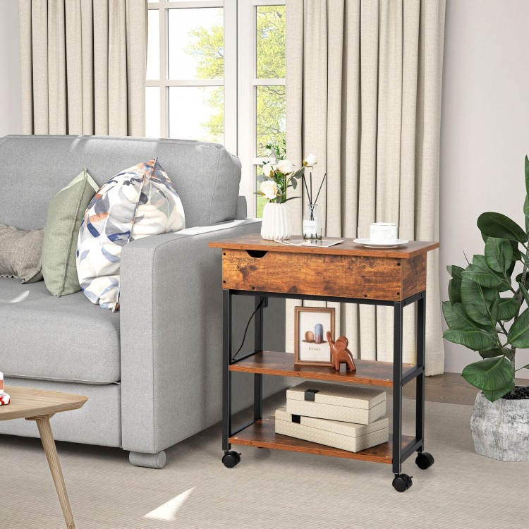 Lift top end table in rustic brown with charging station, wheels, and open shelves for versatile use in any room.