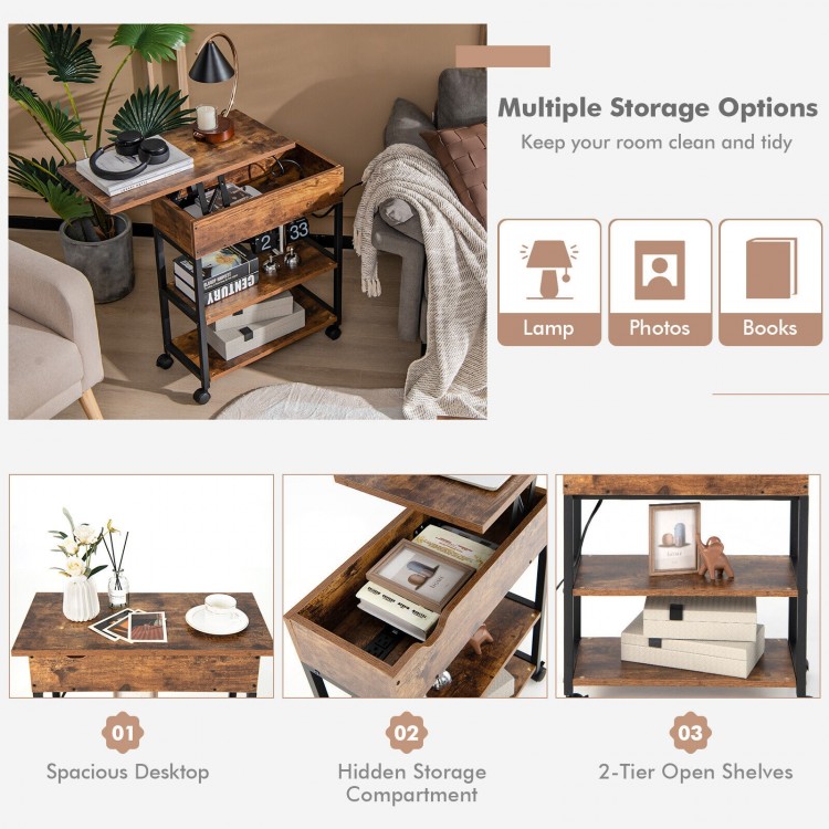 Lift top end table in rustic brown with charging station, open shelves, and hidden storage for versatile use.