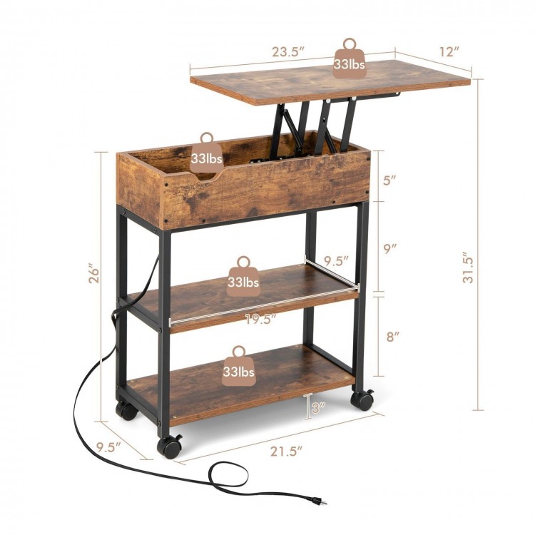 Dimensions of the lift top end table in rustic brown, showcasing its height and storage features for versatile use.