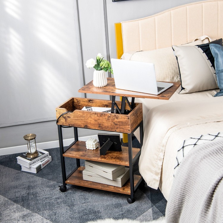 Rustic brown lift top end table with a charging station, featuring a hidden storage compartment and stylish design for.