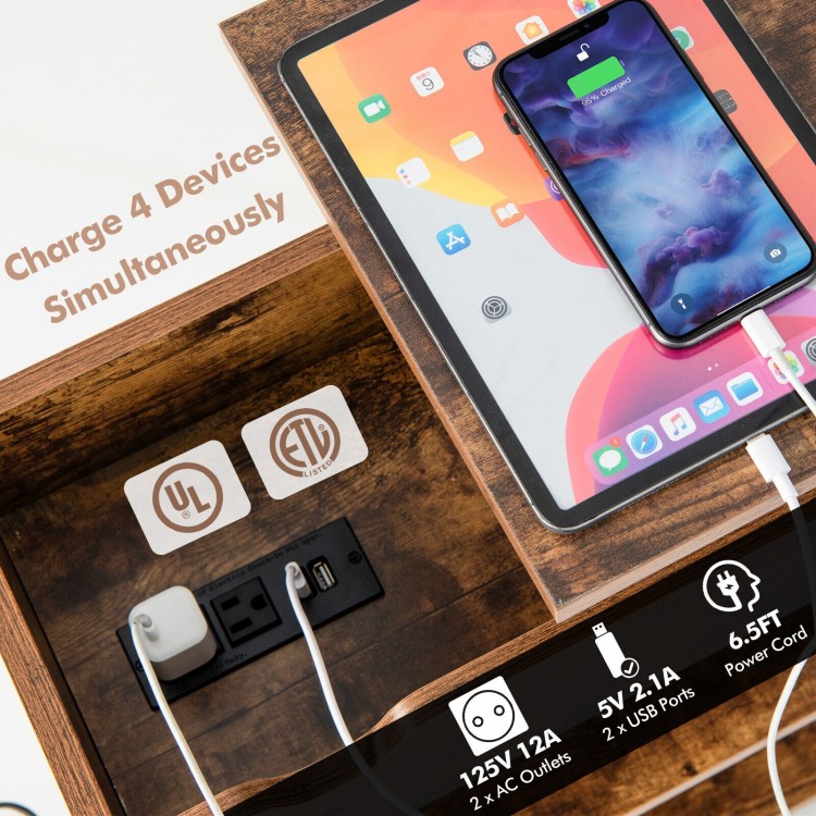Lift top end table in rustic brown with charging station, featuring 2 AC outlets and 2 USB ports for convenient device.