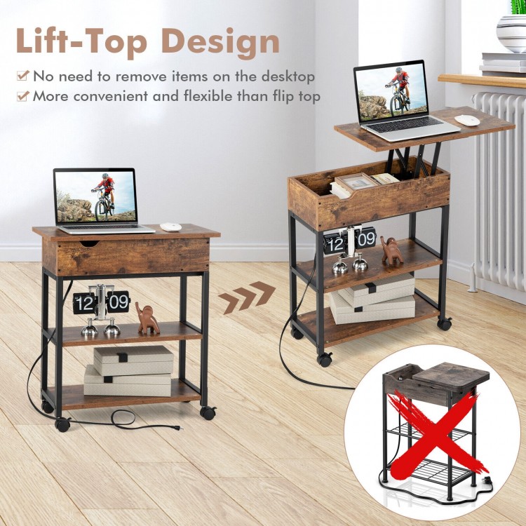 Lift top end table in rustic brown with charging station, featuring wheels for easy movement and two open shelves.