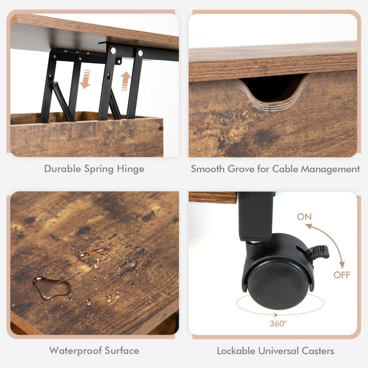Close-up of the lift top end table's durable spring hinge and waterproof surface, ideal for versatile use in any room.