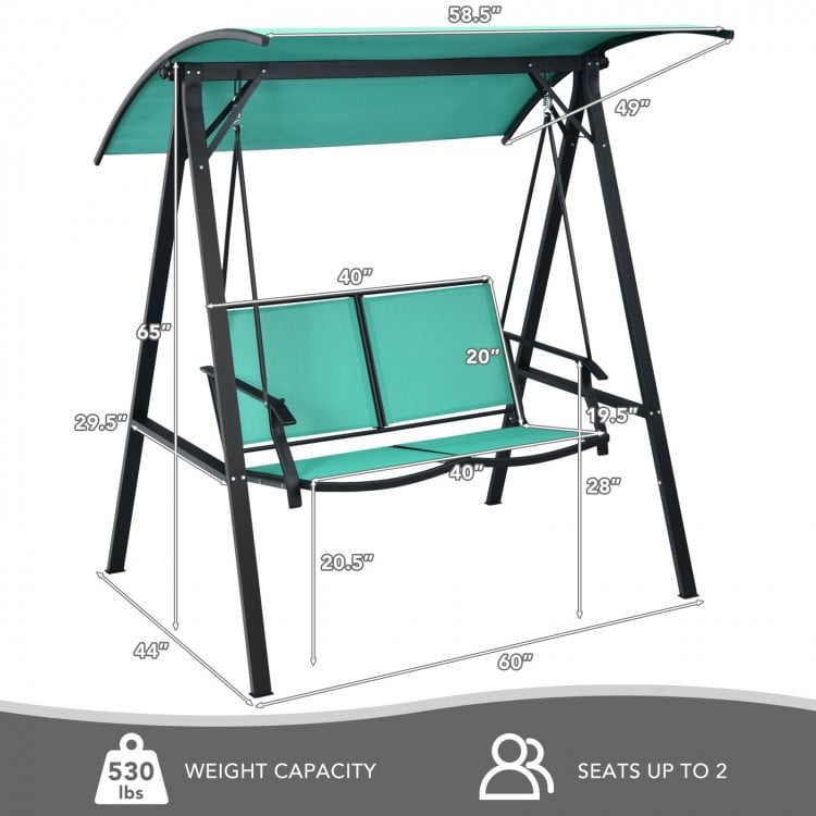 Two-person patio swing with adjustable green canopy, sturdy steel frame, and weather-resistant design for outdoor.