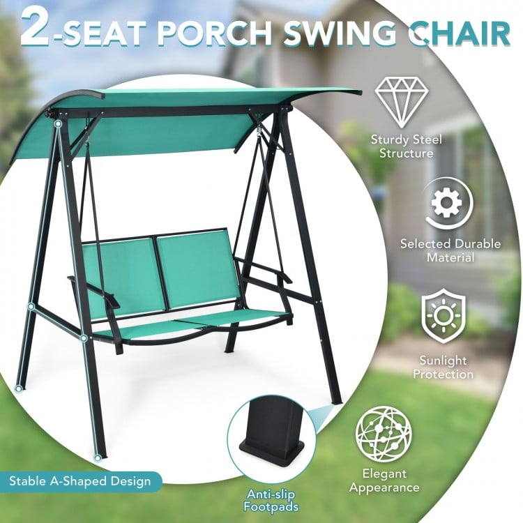 Two-person patio swing chair with adjustable green canopy and sturdy steel frame, perfect for outdoor relaxation.