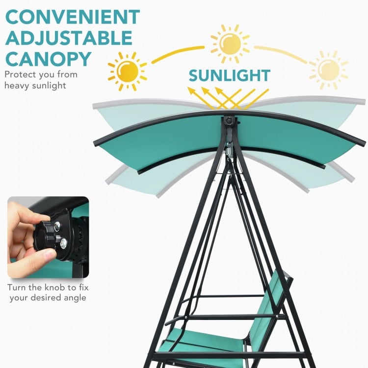 Adjustable canopy of the 2 Person Patio Swing in green, providing sun protection and comfort for outdoor relaxation.