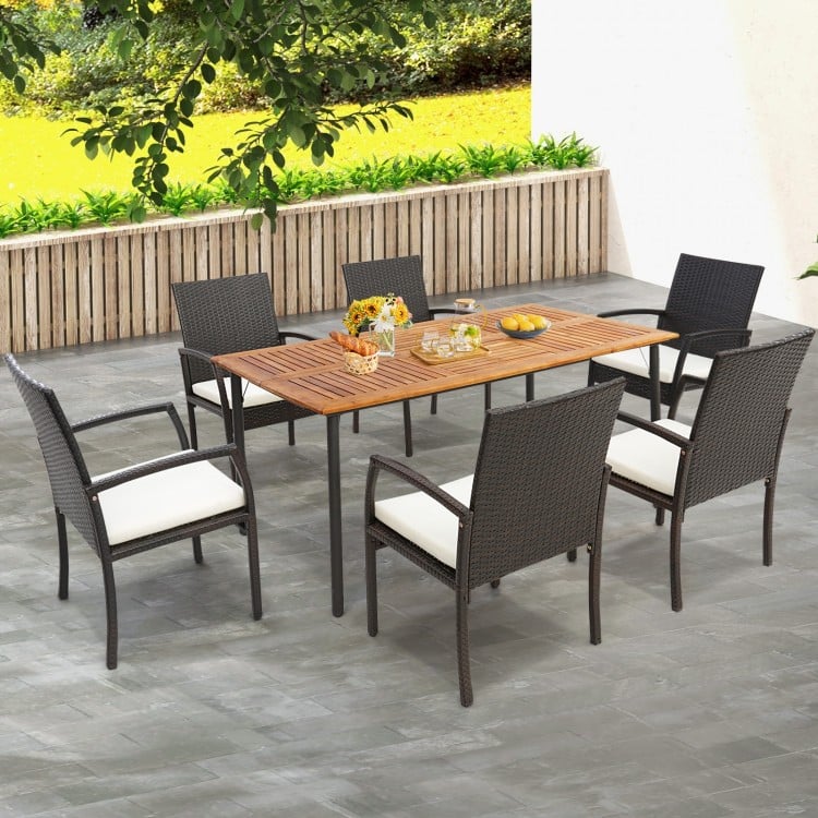 Patio acacia wood dining table with metal legs, designed for 6 persons, featuring an umbrella hole for outdoor dining.