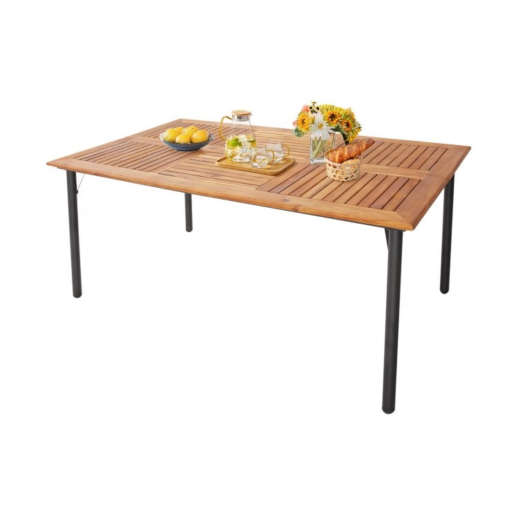 Acacia wood dining table with metal legs, featuring an umbrella hole, perfect for outdoor dining for six.