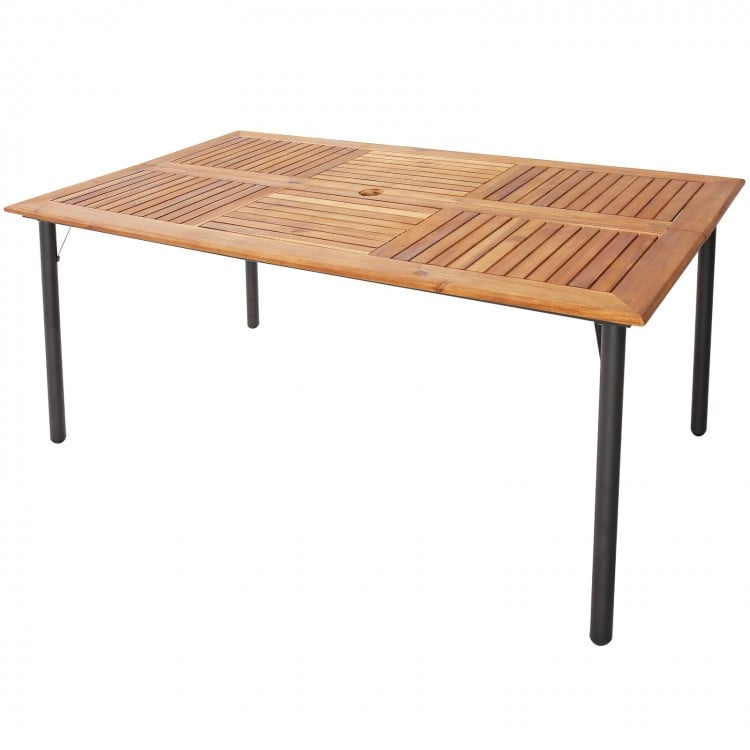 Acacia wood dining table with metal legs, featuring an umbrella hole, perfect for outdoor dining for six people.