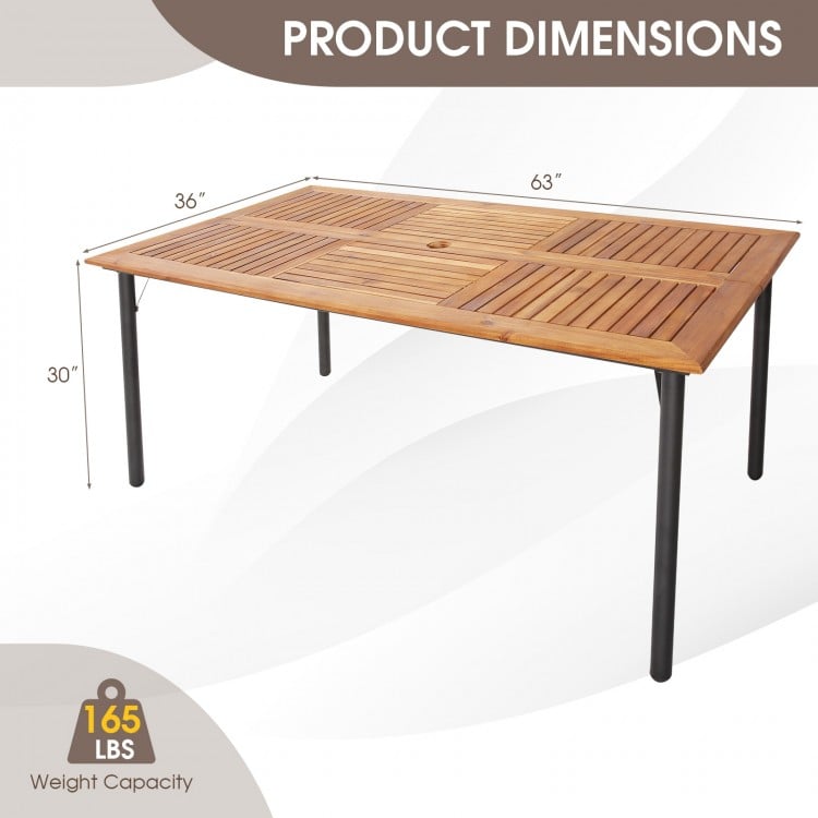 Acacia wood dining table with metal legs, featuring an umbrella hole, ideal for outdoor dining and gatherings.