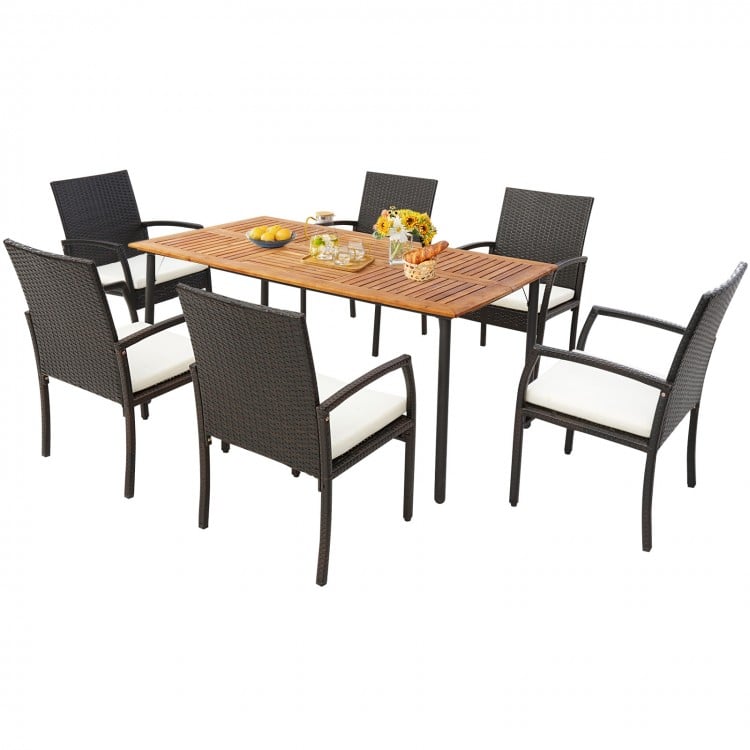 Acacia wood dining table with metal legs, featuring an umbrella hole, perfect for outdoor dining with six chairs.