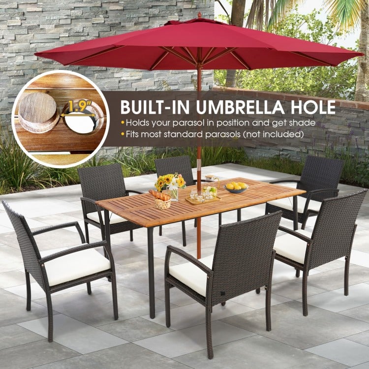 Acacia wood dining table with built-in umbrella hole, metal legs, perfect for outdoor dining with six persons.