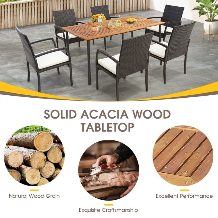 Patio acacia wood dining table with umbrella hole, featuring sturdy metal legs, ideal for outdoor dining and gatherings.
