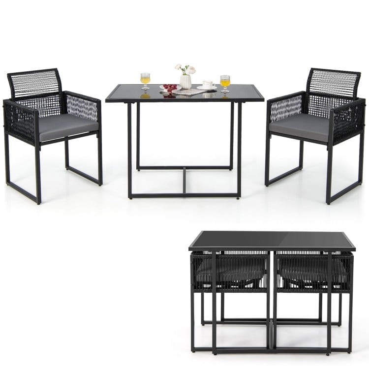 Side view of the 3-piece outdoor dining set showcasing gray cushions and a sleek tempered glass table for stylish.