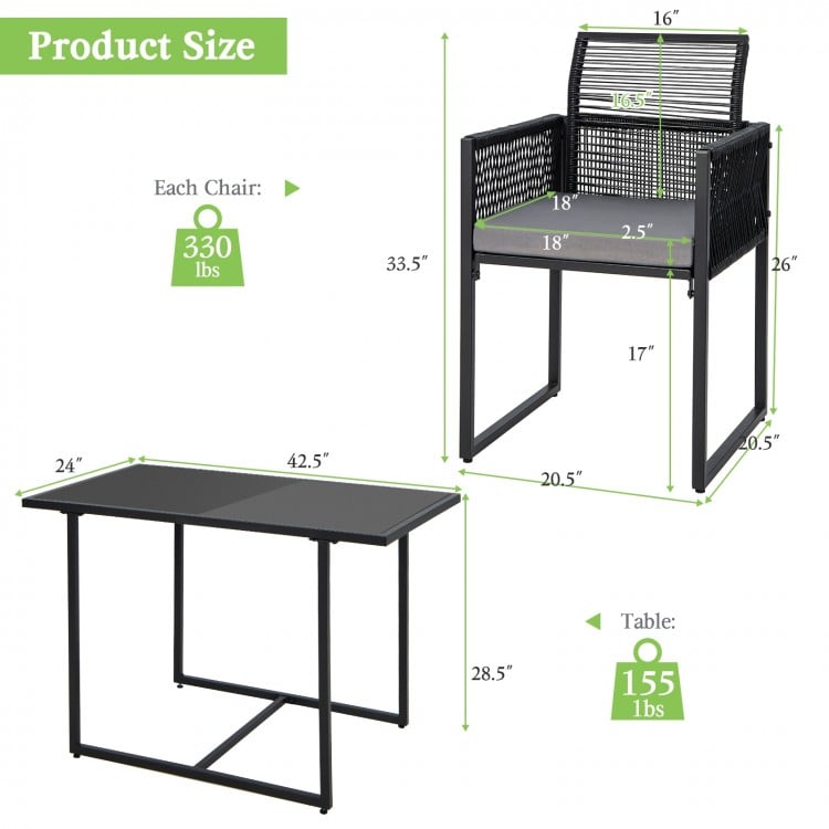 Outdoor dining set dimensions showing a chair and table, featuring hand-woven PE rattan and soft cushions for comfort.