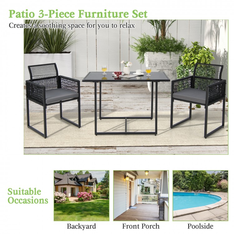 3-piece outdoor dining set featuring gray cushions and hand-woven PE rattan, perfect for backyard or poolside.