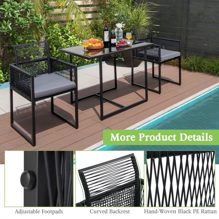 3-piece outdoor dining set featuring gray cushions, hand-woven black PE rattan, and a spacious tempered glass table for.