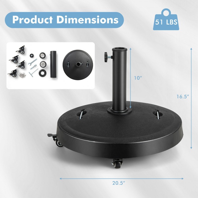 Outdoor umbrella base with wheels, 20.5-inch diameter, 51 lbs, made of durable resin, ideal for patios and gardens.