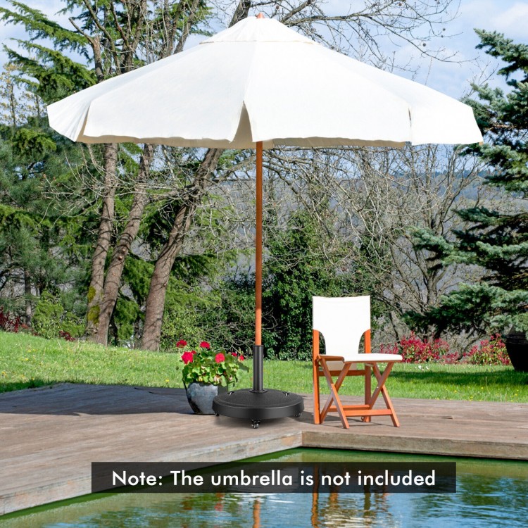 Sturdy outdoor umbrella base with wheels and handles, 20.5 inches, perfect for securing patio umbrellas in gardens.