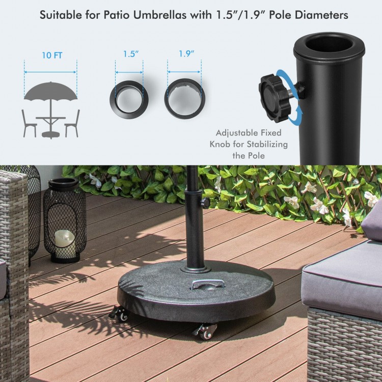 Outdoor umbrella base with wheels, 51LBS, adjustable for 1.5"/1.9" poles, ideal for patios and gardens.