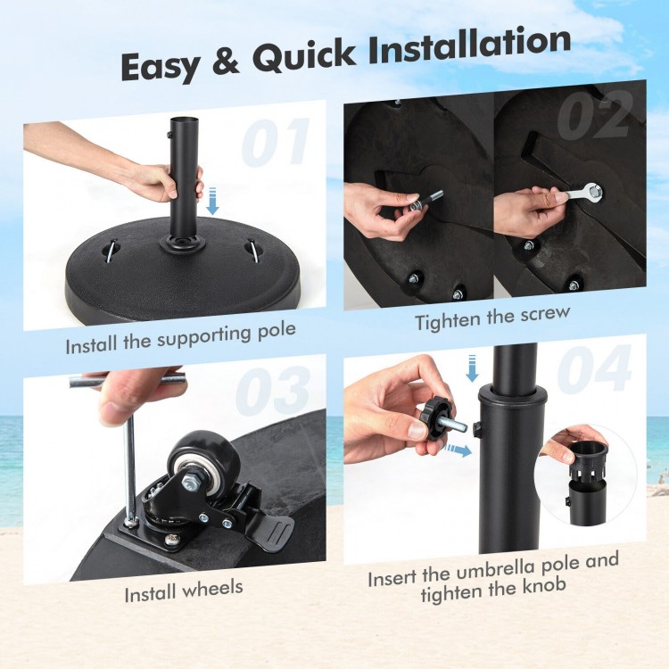 Installation steps for the 51LBS outdoor umbrella base with wheels, featuring a sturdy resin design and adjustable.