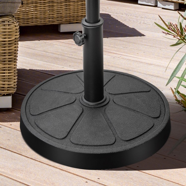 Round 31LBS outdoor umbrella base with a flower-shaped design, made of durable resin, suitable for various patio.