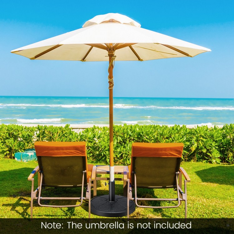 Round outdoor umbrella base made of durable resin with a powder-coated metal pole, ideal for securing patio umbrellas.