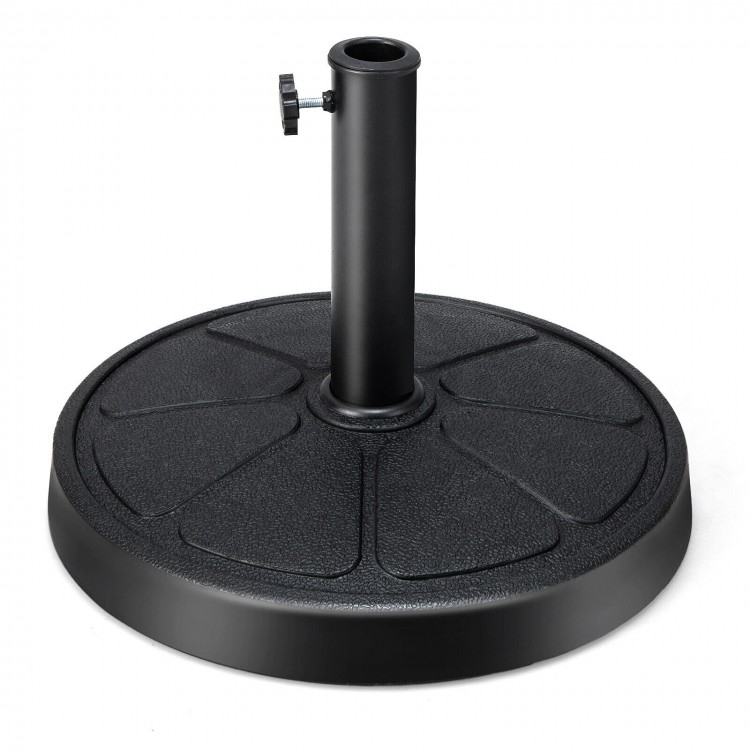 Round 31LBS umbrella base made of durable resin with a rustproof metal pole, ideal for securing patio umbrellas.