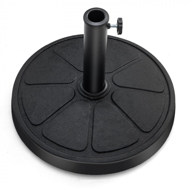 Round 31LBS umbrella base with a sturdy metal pole, designed for outdoor use in patios and gardens.