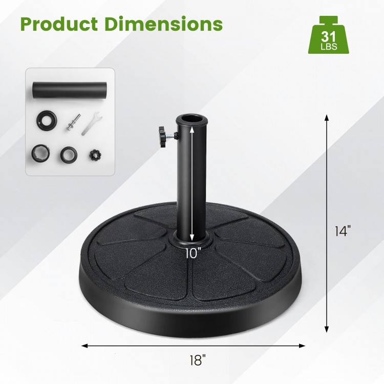 Round 18-inch outdoor umbrella base made of high-strength resin, 31 lbs, with a rustproof metal pole and hand-turn knob.