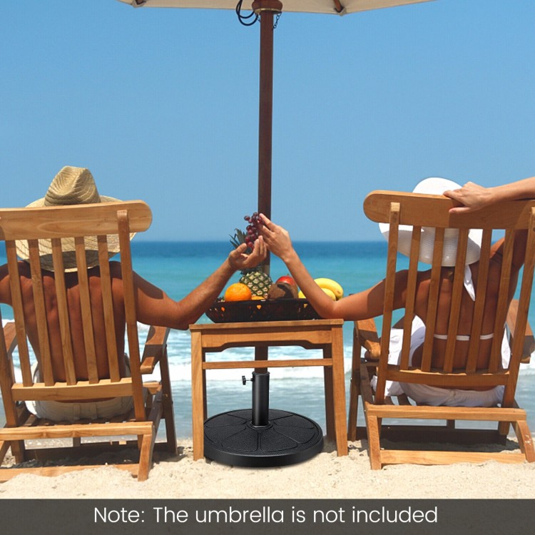 Round 31LBS outdoor umbrella base with hand-turn knob, made of durable resin, ideal for patio and garden use.