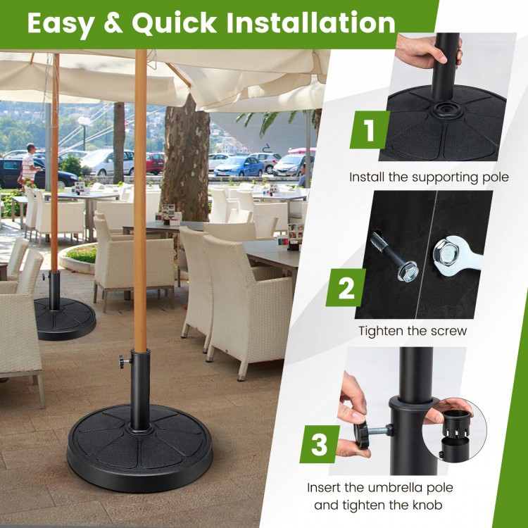 Round 31LBS outdoor umbrella base with a rustproof metal pole, featuring easy installation for patio and garden use.