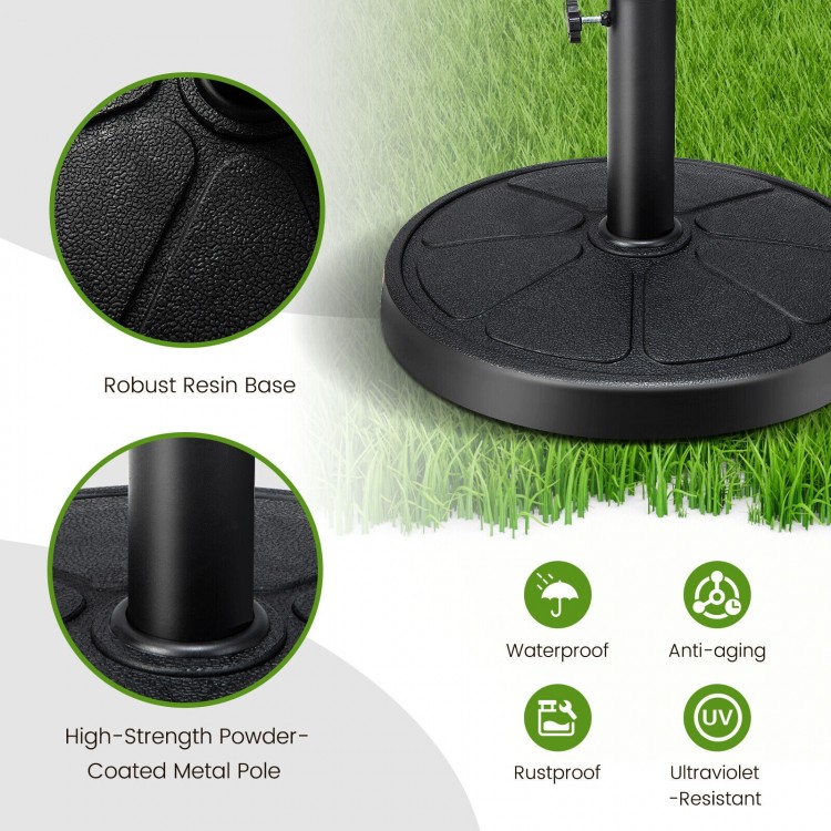 Round outdoor umbrella base with robust resin, powder-coated metal pole, waterproof and rustproof for patio use.