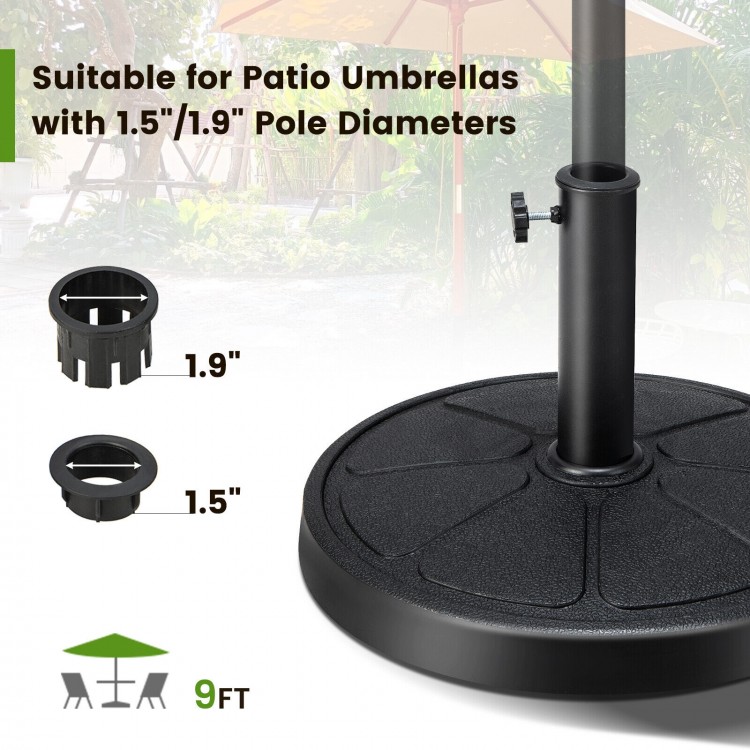 Round 31LBS outdoor umbrella base with a 1.5"/1.9" pole adapter, made of durable resin for patio and garden use.