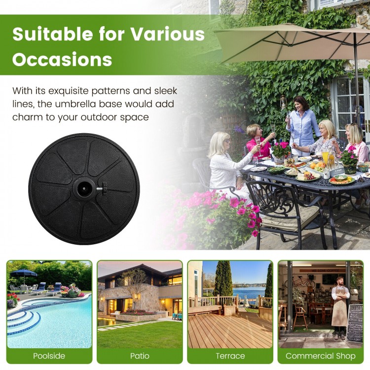 Round 31LBS outdoor umbrella base made of durable resin with elegant flower patterns, suitable for patios and gardens.