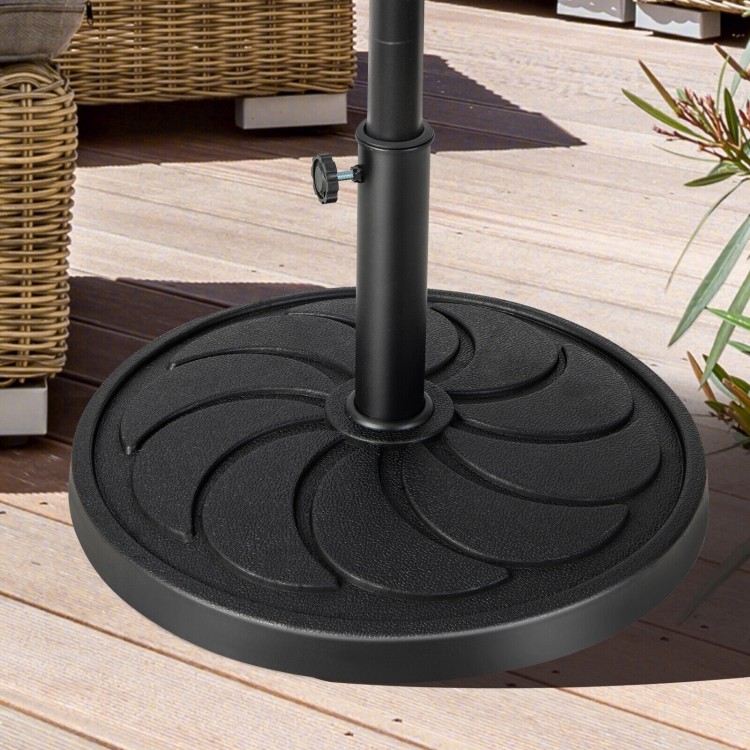 Round 40LBS outdoor umbrella base with a flower-shaped pattern, made of durable resin, suitable for patio umbrellas.