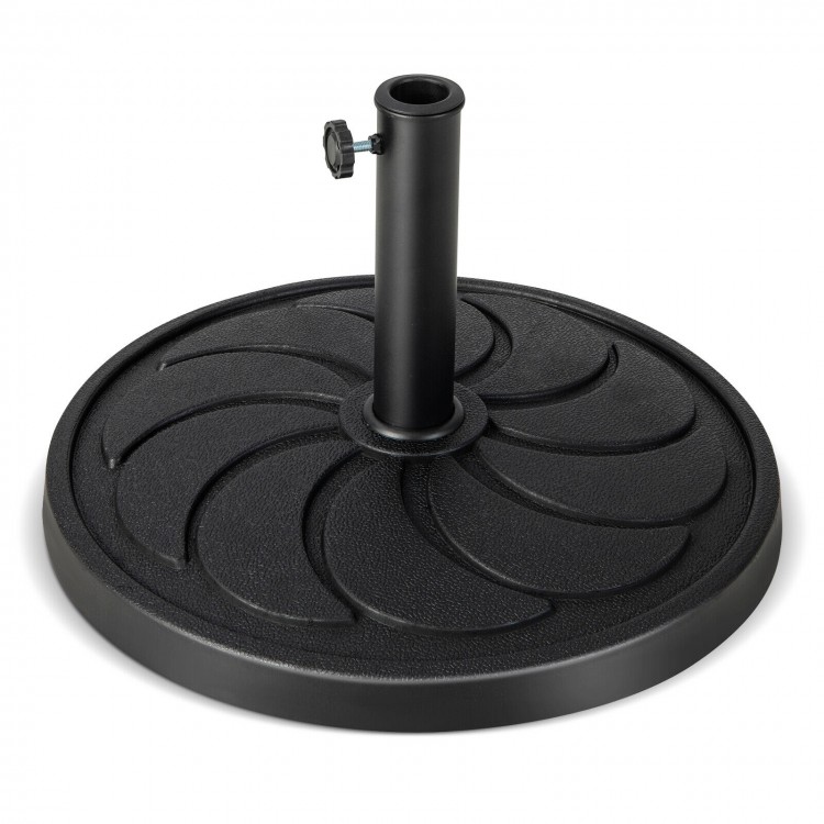 Round 40LBS outdoor umbrella base with a flower pattern, made of durable resin and featuring a rustproof metal pole.